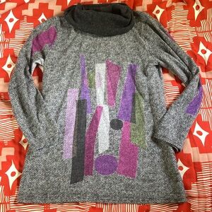 Gray Sweater with Abstract Design in purples green Trisha Tyler